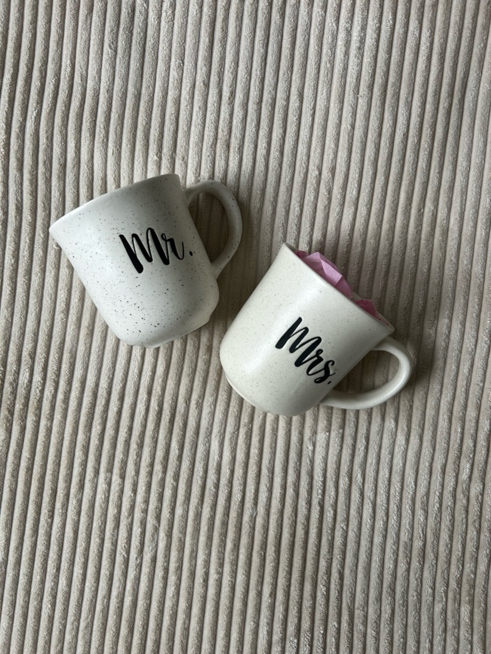 Mr. & Mrs. Speckled Ceramic Mug Set - White with Black Script